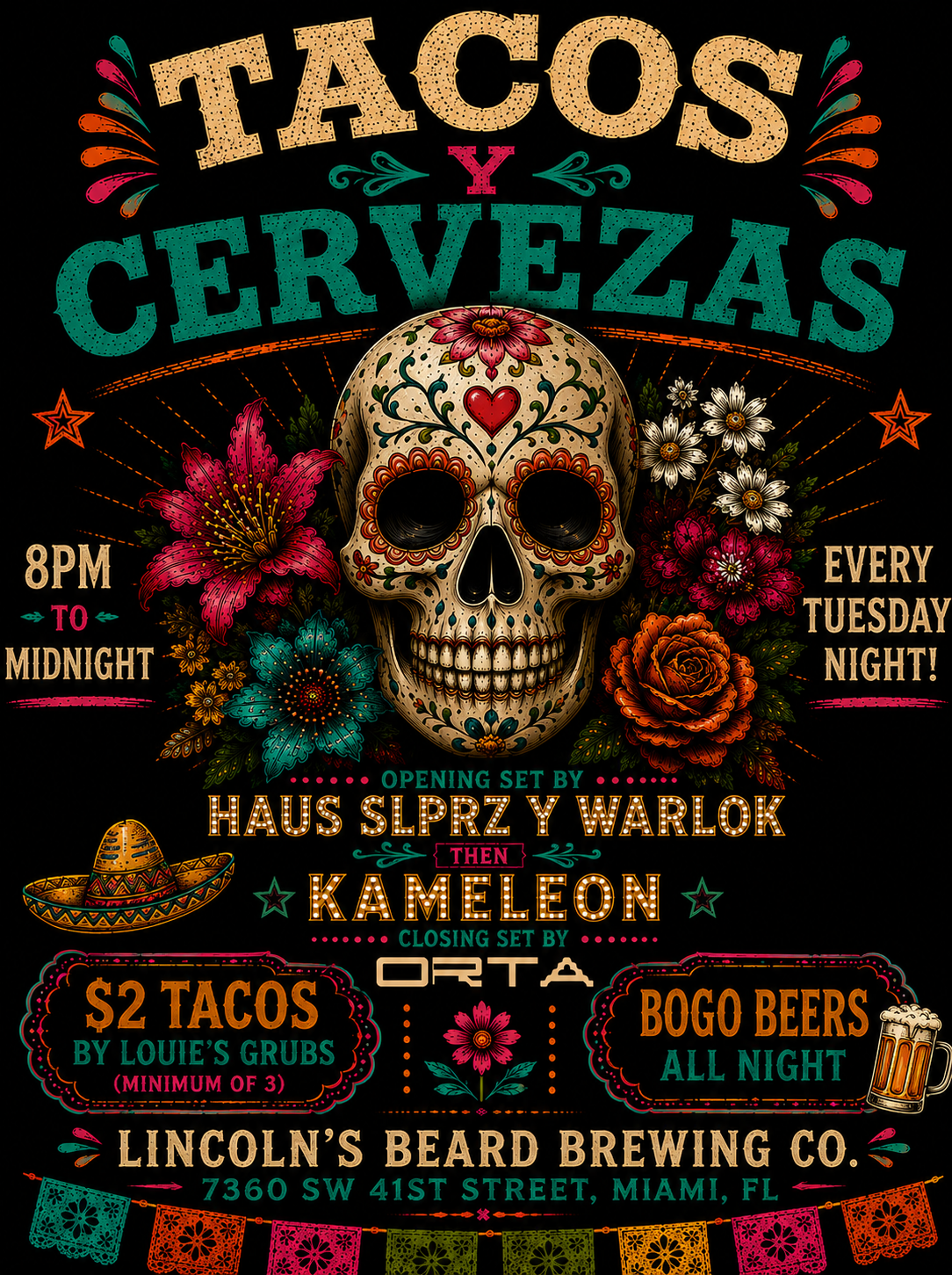 Tacos Y Cervezas every Tuesday at Lincoln's Beard Brewing Co., presented by Miami Pulse Collective