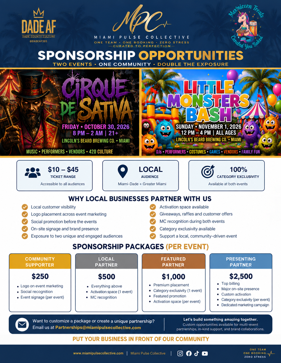 Sponsorship opportunities for Cirque De Sativa and Little Monsters Bash